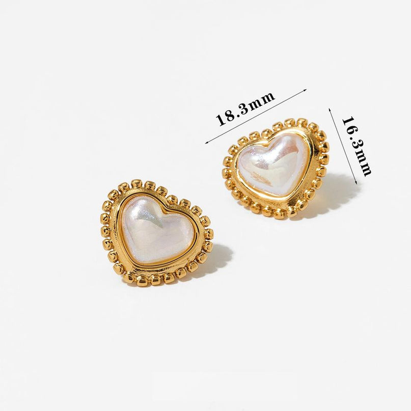 Heart Pearl Stud Earrings Stainless Steel Gold Plated