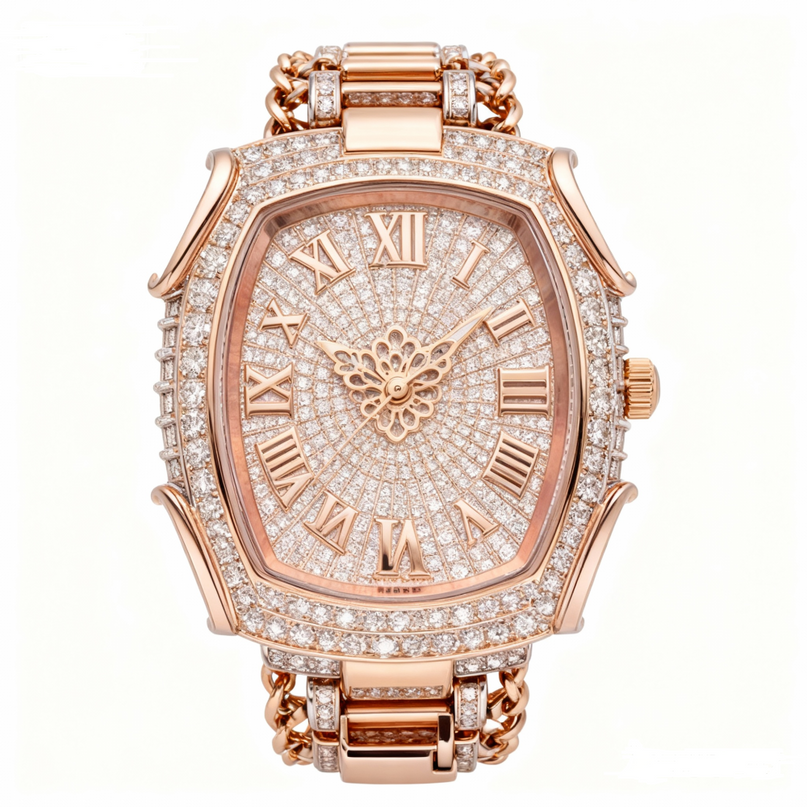Elena Van Hoef Rose Gold Tonneau Iced-Out Moissanite Watch