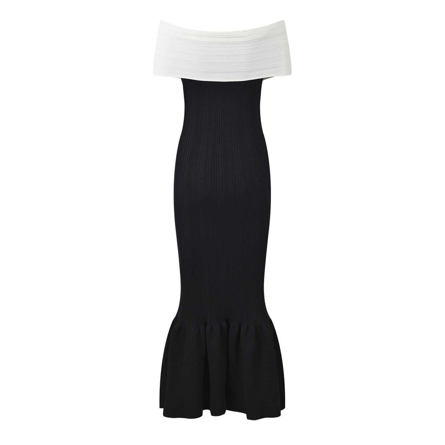 Off-Shoulder Bodycon Dress with Bow Detail in Black and White