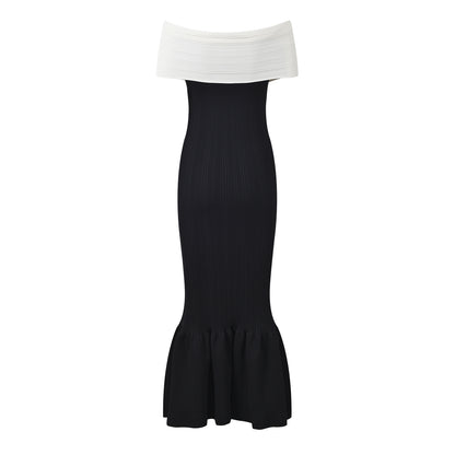 Off-Shoulder Bodycon Dress with Bow Detail in Black and White