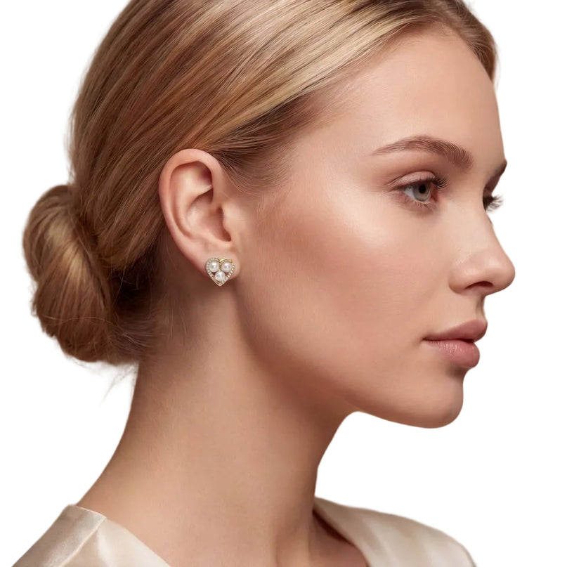 18K Gold Plated AAAA Freshwater Pearl Heart Stud Earrings