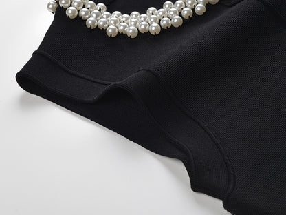 Sleek A-line Dress with Necklace Detail & Pearl Embellishment in black