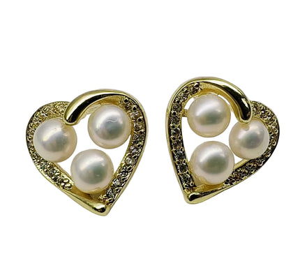 18K Gold Plated AAAA Freshwater Pearl Heart Stud Earrings