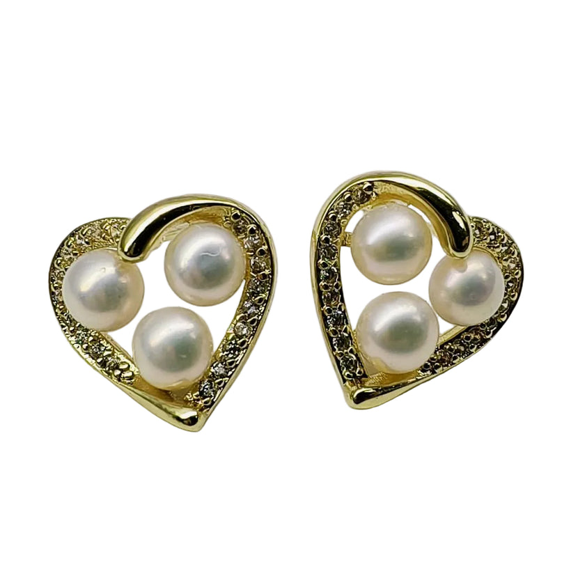 18K Gold Plated AAAA Freshwater Pearl Heart Stud Earrings
