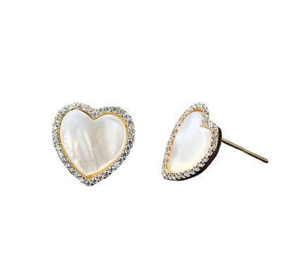 18K Gold Plated Silver Zircon Freshwater Pearl Heart Stud Earrings