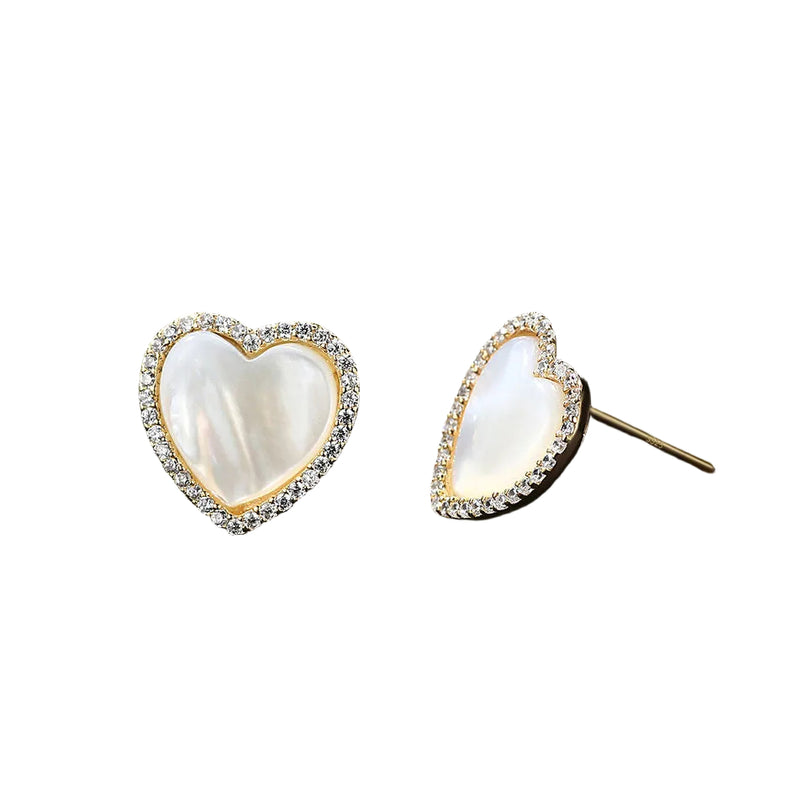 18K Gold Plated Silver Zircon Freshwater Pearl Heart Stud Earrings