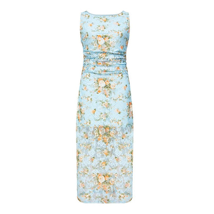 Midi Dress – Floral Print Design – Sleeveless O-Neck – Elegant Style