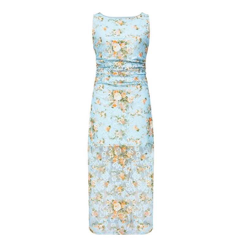 Midi Dress – Floral Print Design – Sleeveless O-Neck – Elegant Style