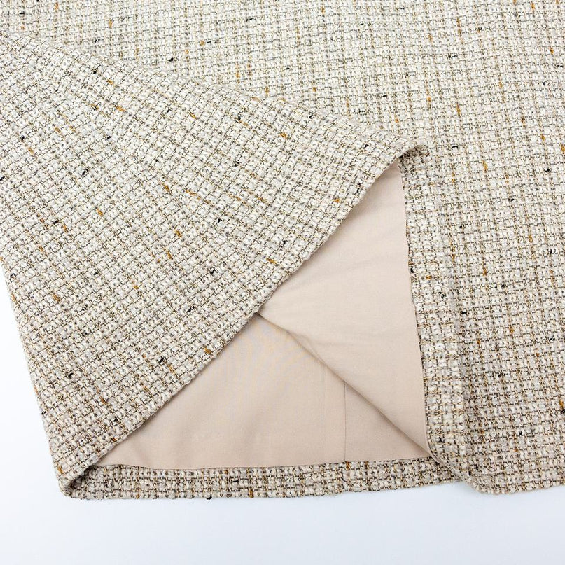 Office Dress – Tweed & Chiffon Blend – Bow Neckline – Vintage Chic Midi Style