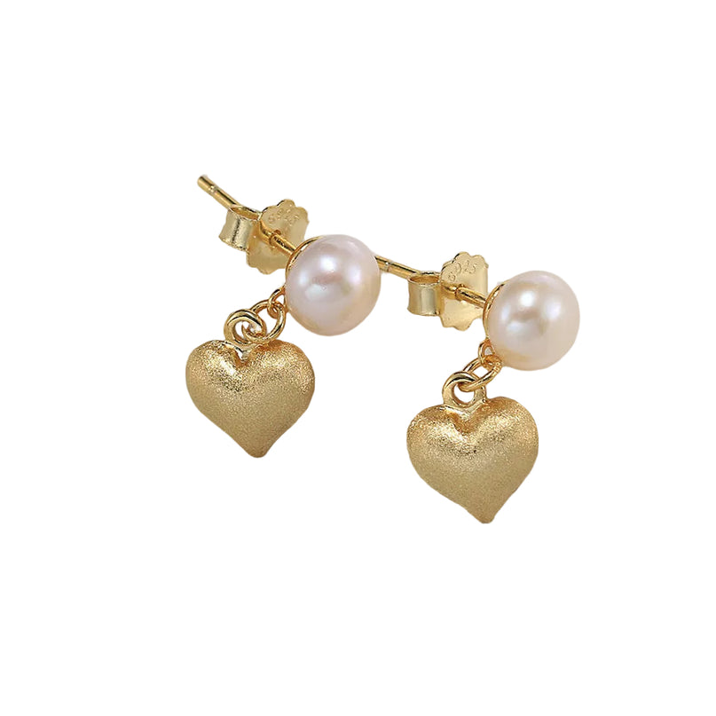 18K Gold Plated 925 Sterling Silver Freshwater Pearl Heart Drop Earrings