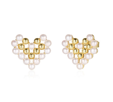 14K Gold Plated 925 Silver AAAA Freshwater Pearl Heart Stud Earrings