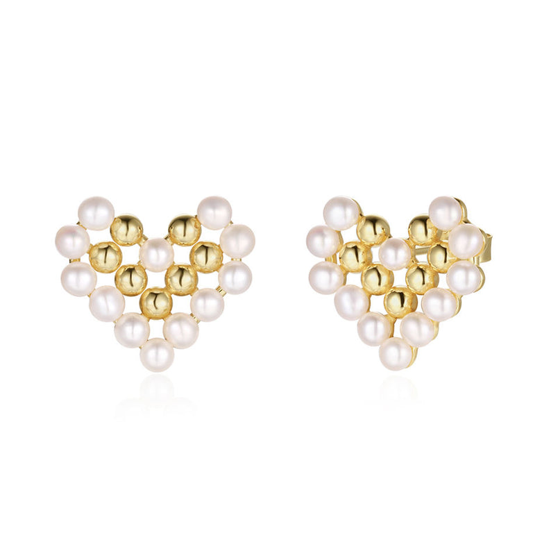 14K Gold Plated 925 Silver AAAA Freshwater Pearl Heart Stud Earrings