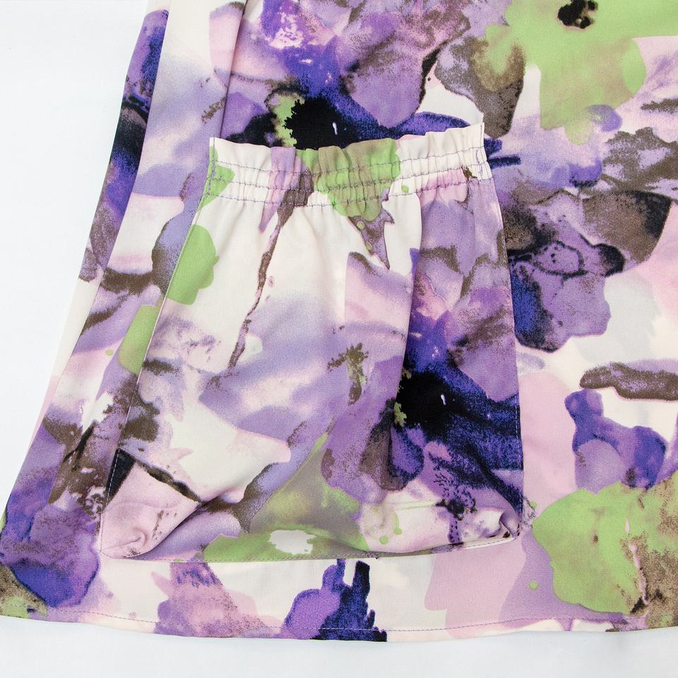 Short Dress – Purple Floral Print – Sleeveless High Collar – Chic Casual Style