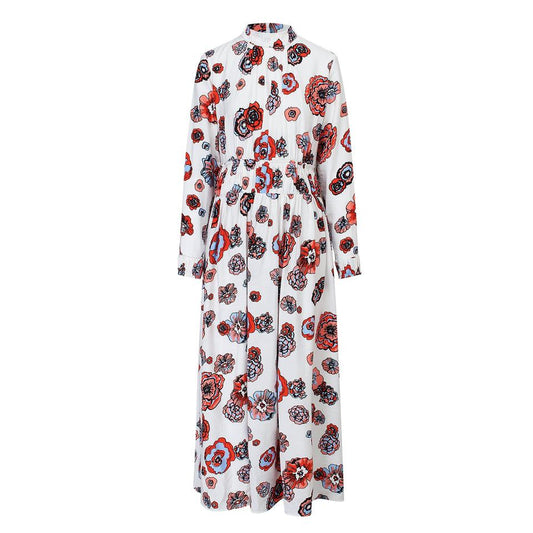 Long Dress – White Floral Print – Ruffle Detail – Elegant A-Line Style