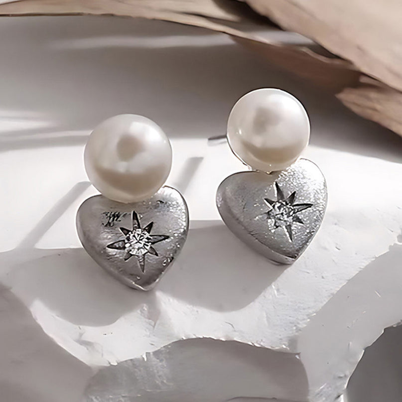 Edison Freshwater Pearl Heart Stud Earrings 925 Silver Rhodium Plated