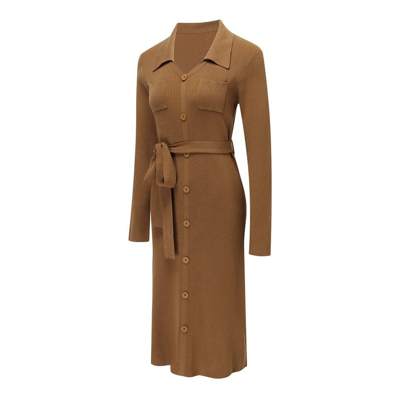 Shirt Dress – Knit Midi Design – Belted Waist – Elegant Modest Style