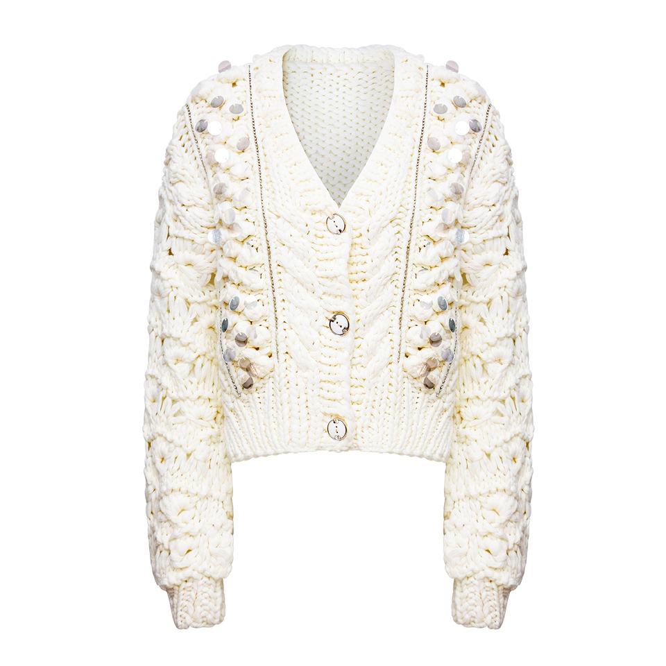 Cardigan Sweater – V-Neck Design – Bubble Sleeves – Chunky Cable Knit