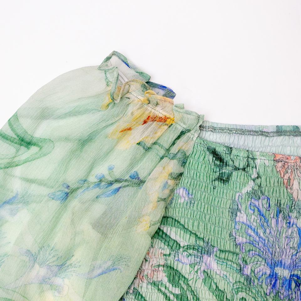 Night Dress – Silk Floral Print – Square Neckline – Elegant Pleated Style