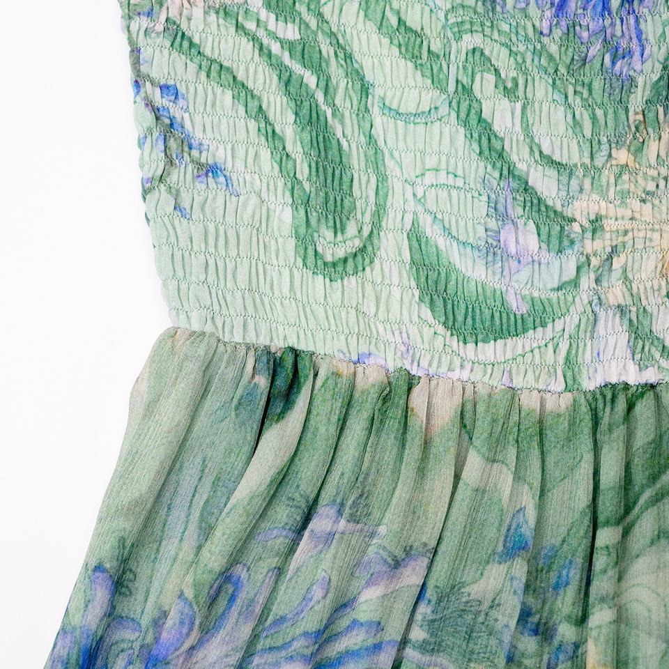 Night Dress – Silk Floral Print – Square Neckline – Elegant Pleated Style