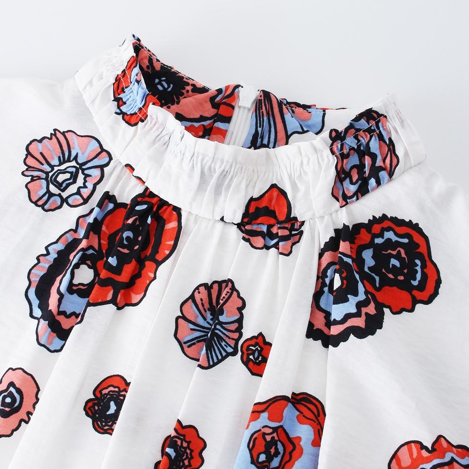 Long Dress – White Floral Print – Ruffle Detail – Elegant A-Line Style