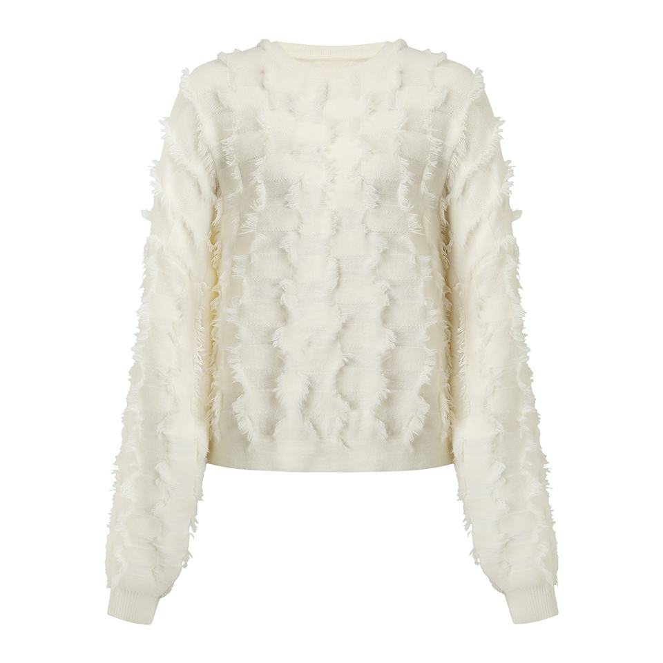 Pullover Sweater – Fluffy Jacquard Knit – Fringe Tassel Design – Chic Spring Style
