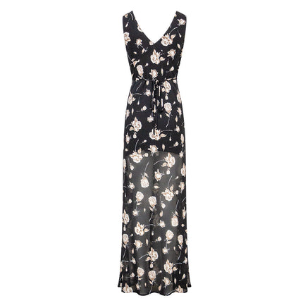 Midi Dress – Black Floral Print – Sleeveless V-Neck – Chic Party Style