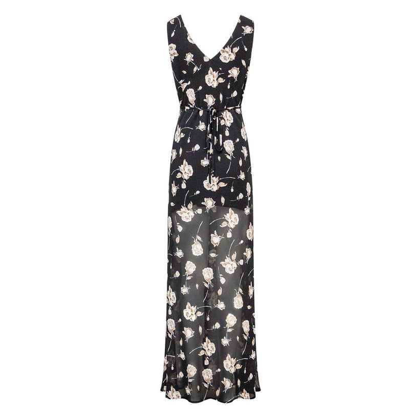Midi Dress – Black Floral Print – Sleeveless V-Neck – Chic Party Style