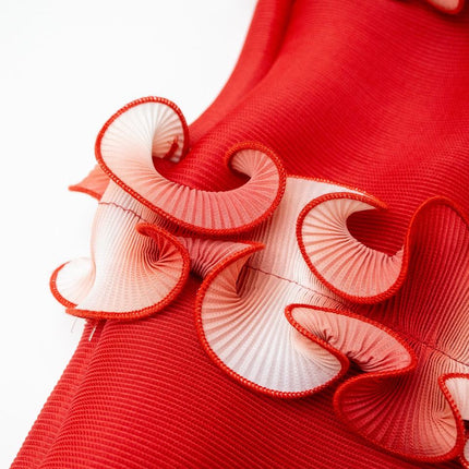 Evening Dress – Red Ombre Gradient – Ruffle Pleats – Elegant Maxi Style