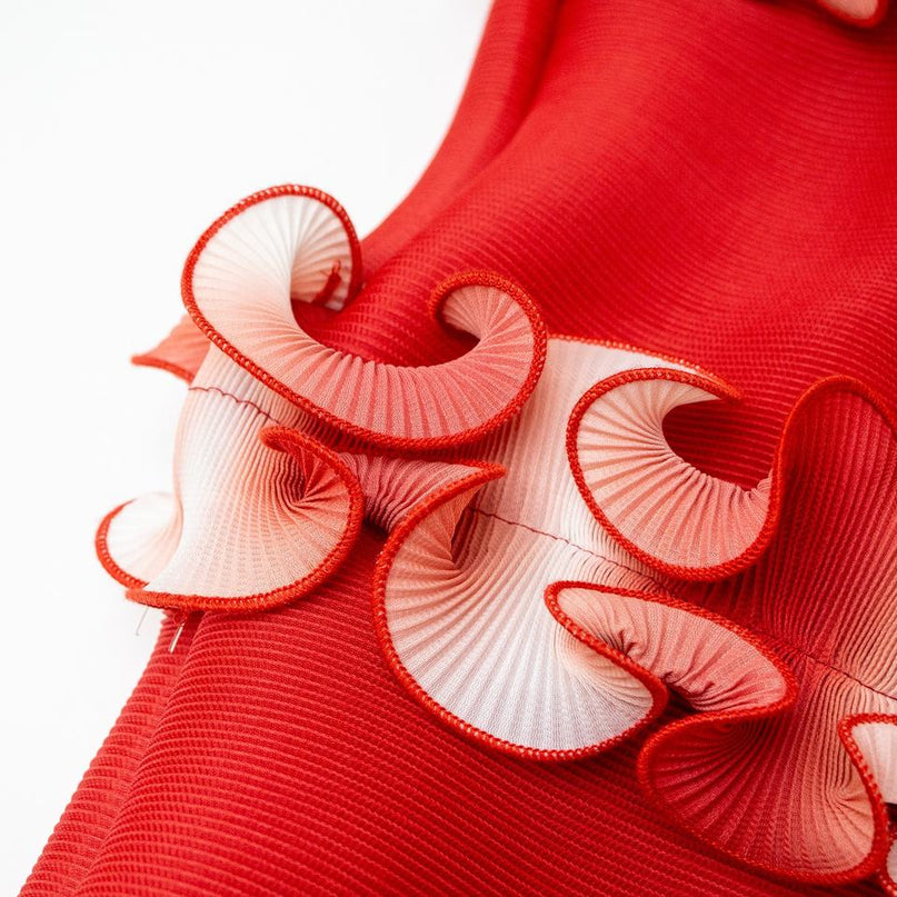 Evening Dress – Red Ombre Gradient – Ruffle Pleats – Elegant Maxi Style