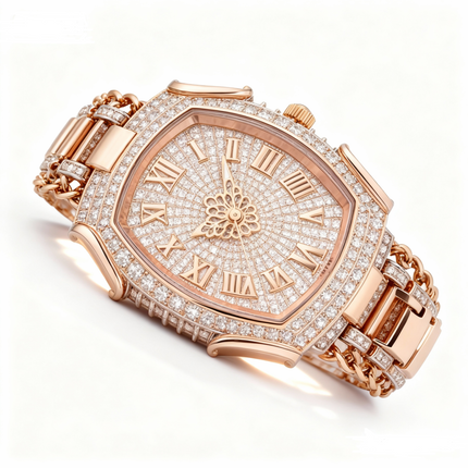 Elena Van Hoef Rose Gold Tonneau Iced-Out Moissanite Watch