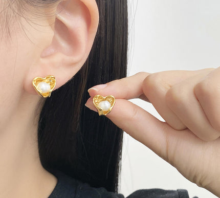 18 Karat Gold Plated Clip-On Drop Earrings With Heart Pearl Accents