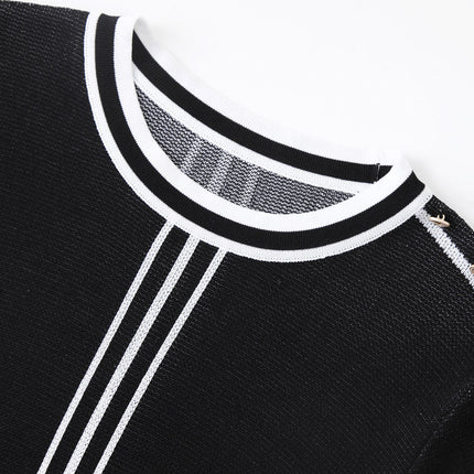 Knit Dress – Black & White Stripes – Round Neckline – Elegant Midi A-Line