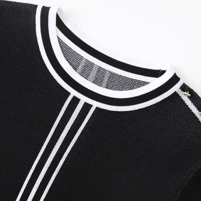 Knit Dress – Black & White Stripes – Round Neckline – Elegant Midi A-Line