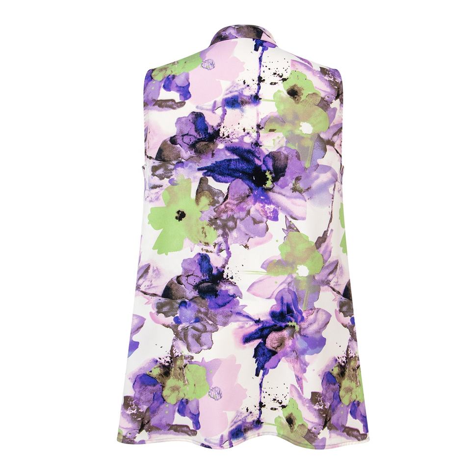 Short Dress – Purple Floral Print – Sleeveless High Collar – Chic Casual Style