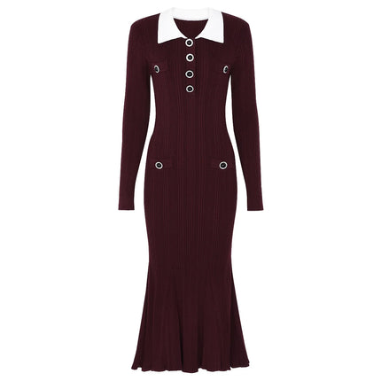 Marina Van Hoef Contrast-Collar Ribbed Midi Dress