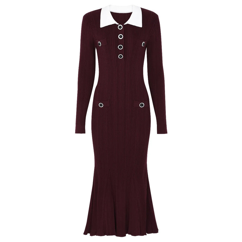 Marina Van Hoef Contrast-Collar Ribbed Midi Dress