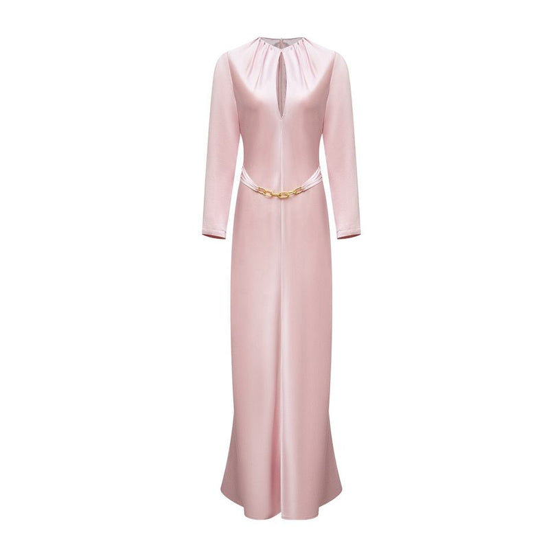 Evening Dress – Pink Satin Maxi – Notched Neckline – Elegant Modest Style
