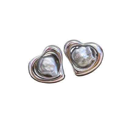 AAA Tahitian Black Pearl Heart Stud Earrings 925 Silver