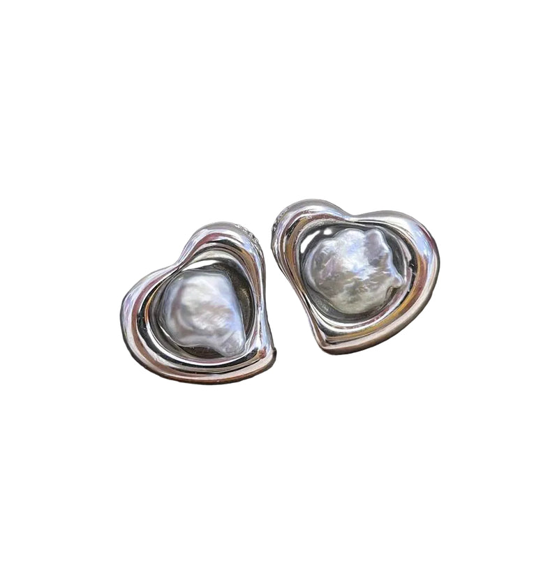 AAA Tahitian Black Pearl Heart Stud Earrings 925 Silver