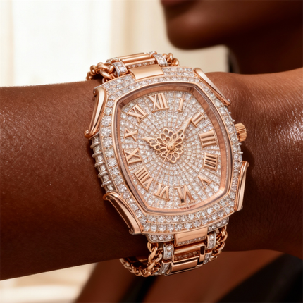 Elena Van Hoef Rose Gold Tonneau Iced-Out Moissanite Watch