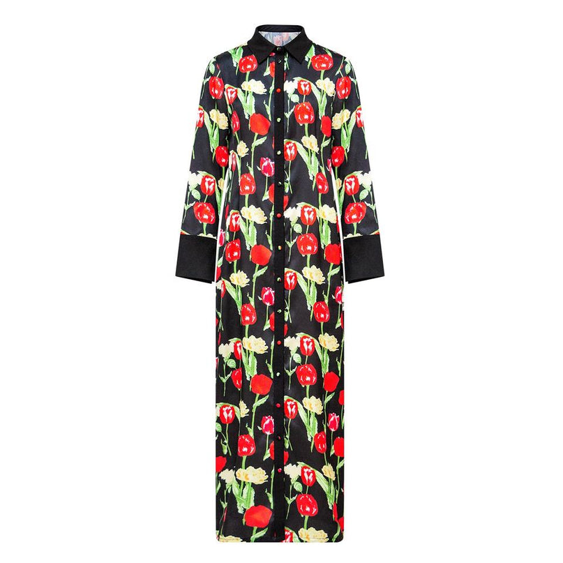 Shirt Dress – Floral Button Detail – Lapel Collar – Bohemian Chic Style