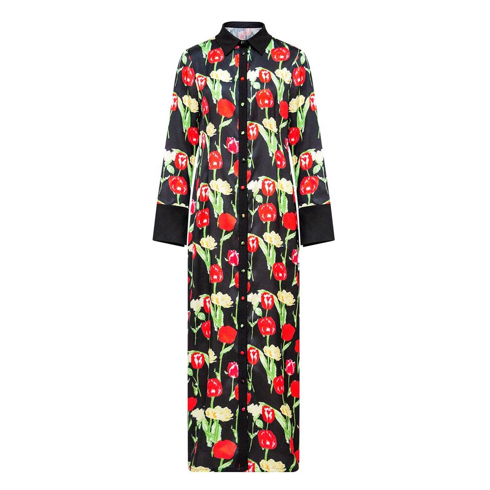 Shirt Dress – Floral Button Detail – Lapel Collar – Bohemian Chic Style