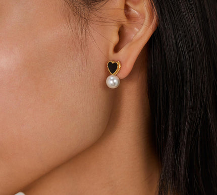 Heart Imitation Pearl Stud Earrings Gold Colored Stainless Steel