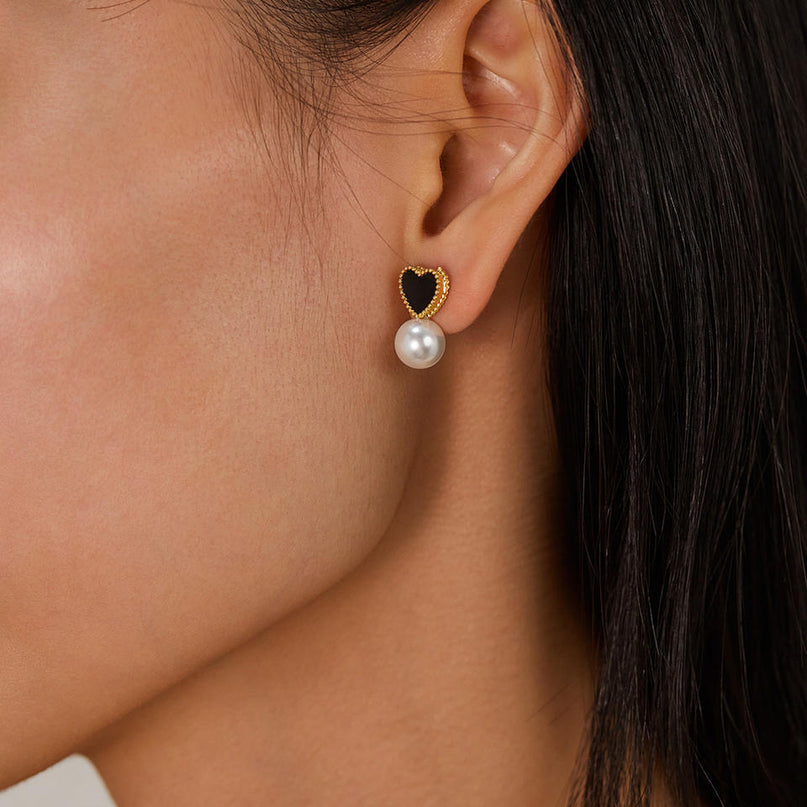 Heart Imitation Pearl Stud Earrings Gold Colored Stainless Steel