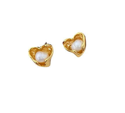 18 Karat Gold Plated Clip-On Drop Earrings With Heart Pearl Accents