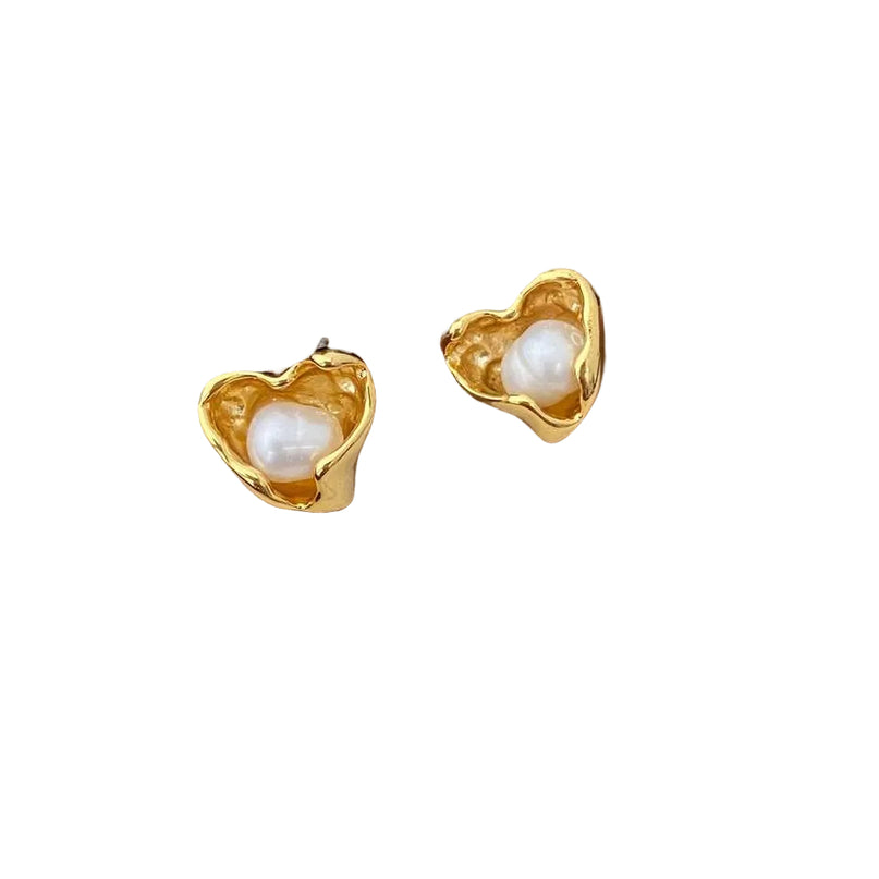 18 Karat Gold Plated Clip-On Drop Earrings With Heart Pearl Accents