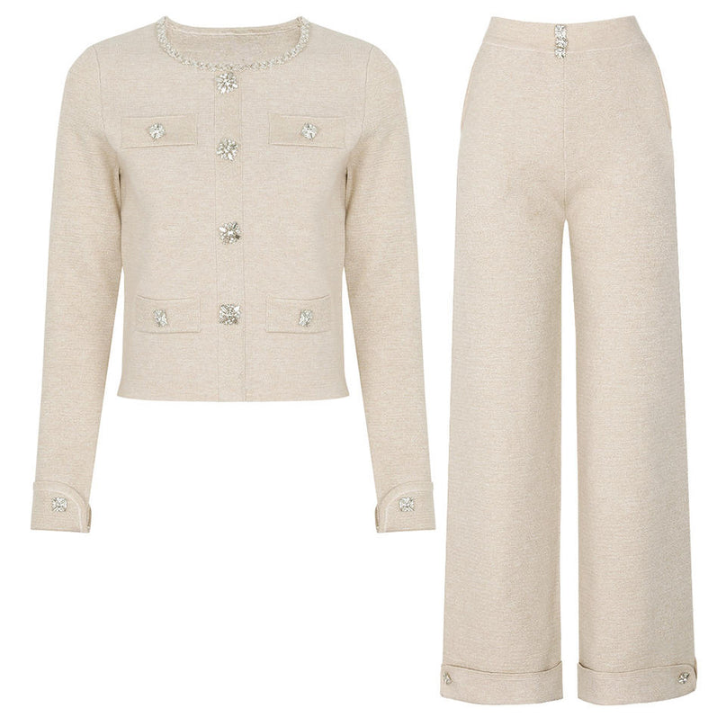 Gabriella Van Hoef Crystal-Button Knit Jacket And Wide-Leg Pants Set