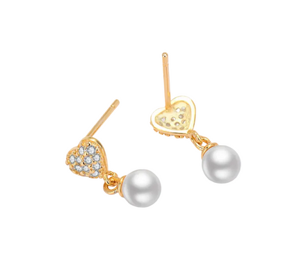 14K Gold Plated 925 Sterling Silver Zircon Freshwater Pearl Heart Earrings