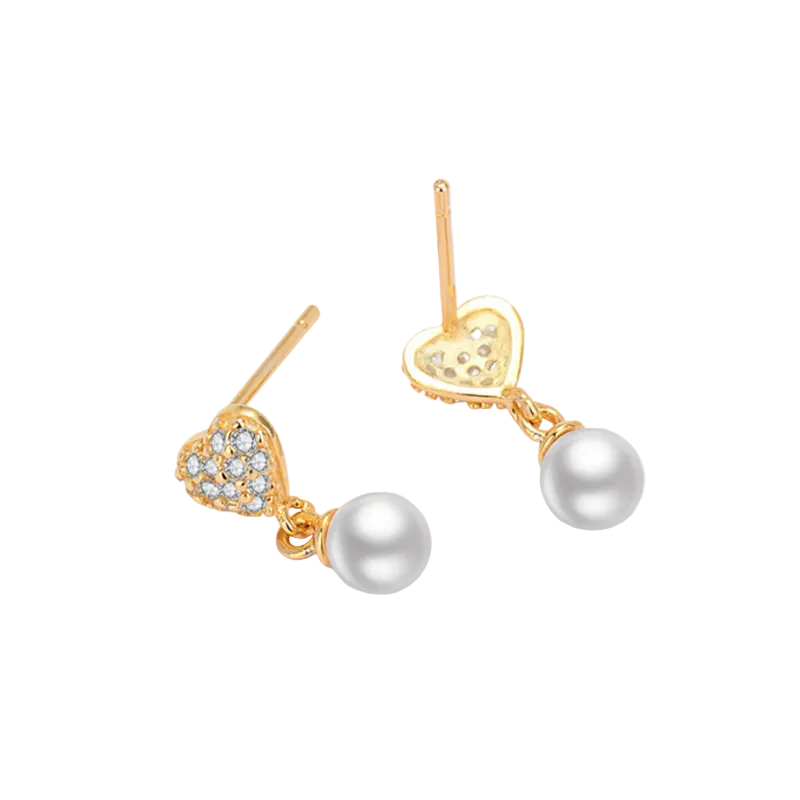 14K Gold Plated 925 Sterling Silver Zircon Freshwater Pearl Heart Earrings