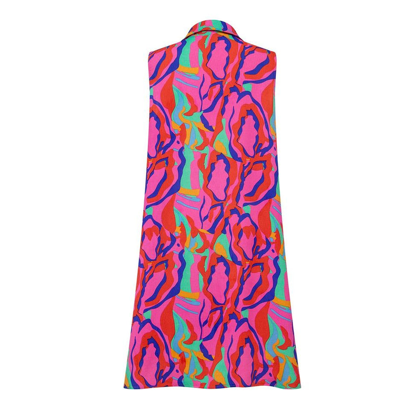 Midi Dress – Fuchsia African Print – Sleeveless V-Neck – Chic Beach Style